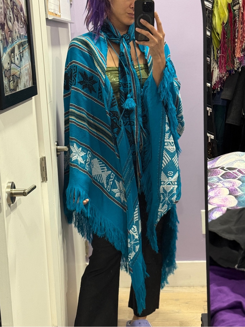 Vintage Turquoise Patterned Knit Poncho with Fringe